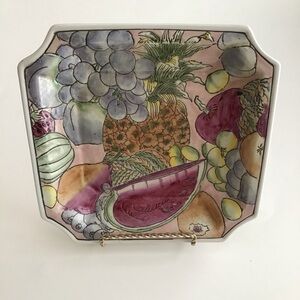 Vintage Square Pastel Fruits Pattern Dish Plate Grapes Pineapple Melons Pears